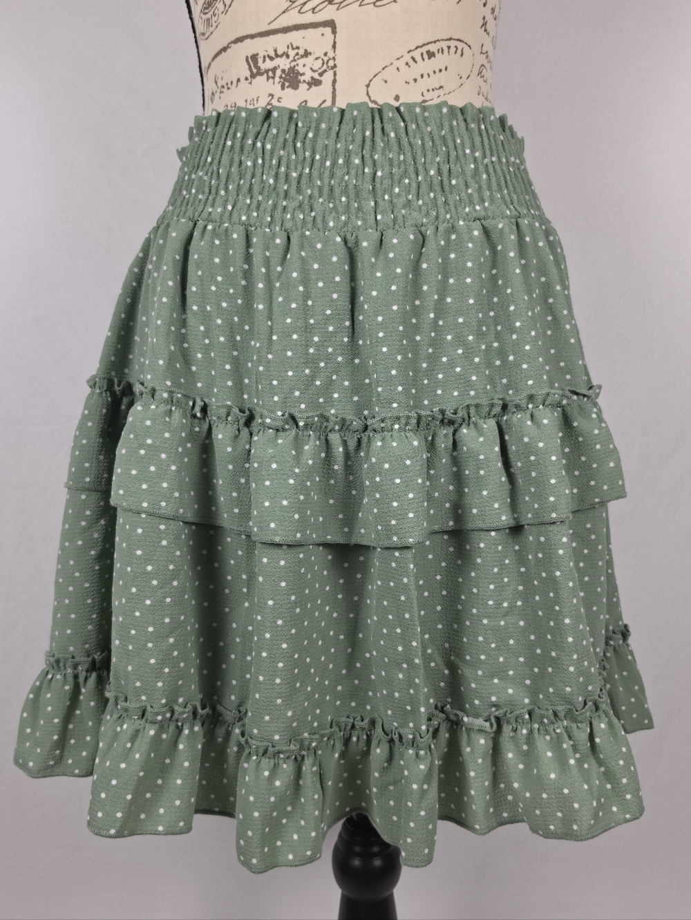 Altar'd State Sage Green Polka Dot Tiered Ruffle Mini Skirt - Size Large